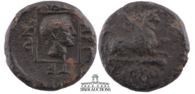 THRACE, Abdera. Circa 300-250 BC. Æ Hemiobol (18 mm, 3.42 g.). Hermostratos, magistrate. Griffin with pointed wings rearing left / Laureate head of Ap...
