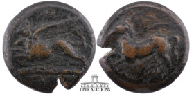 SICILY, Syracuse. Dionysios II. 367-357 BC. Æ Tetras(?) (23 mm, 10.75 g.). Griffin springing left; clouds below / Horse prancing left, trailing rein. ...