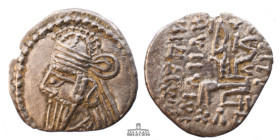 KINGS of PARTHIA. Vologases IV. Circa AD 147-191. AR Drachm (20 mm, 3.45 g.). Ekbatana mint. Diademed bust left, wearing tiara / Archer (Arsakes I) se...
