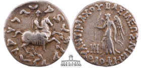 INDO-GREEK, Bactria. Antimachos II, Circa 160-155 BC, AR drachm (16 mm, 2.36 g.). Nike advancing left, holding palm branch and fillet / Horseman pranc...