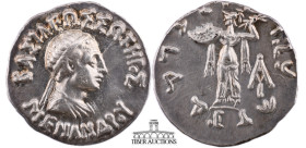 BAKTRIA. Menander I Soter. Circa 155-130 BC. AR Drachm (18 mm, 2.42 g.). Diademed and draped bust right / Athena Alkidemos standing left; monogram to ...