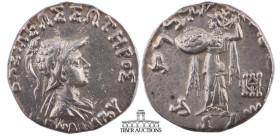 BAKTRIA. Menander I Soter. Circa 155-130 BC. AR Drachm (16 mm, 2.47 g.). Diademed, draped, and cuirassed bust right, wearing crested helmet covered wi...