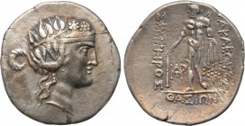 EASTERN EUROPE. Imitation of Thasos. Tetradrachm (2nd-1st centuries BC).. 

Obv: Head of Dionysos right, wearing ivy wreath.
Rev: HPAKΛEOVΣ / ΣΩTHP...