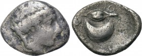 CAMPANIA. Cumae. Didrachm (Circa 420-385 BC). 

Obv: Head of female right.
Rev: KVMAION. 
Mussel shell; barley grain above.

HN Italy 532; BMC 3...