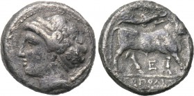 CAMPANIA. Neapolis. Didrachm (Circa 275-250 BC). 

Obv: Head of nymph left; uncertain symbol to right.
Rev: NEΩΠOΛITΩN. 
Man-headed bull standing ...