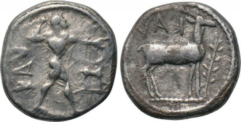 BRUTTIUM. Kaulonia. 1/3 Nomos - Drachm (Circa 475-425 BC). 

Obv: KAV. 
Apoll...