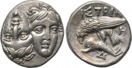 MOESIA. Istros. Drachm (4th century BC). 

Obv: Facing male heads, the left inverted.
Rev: ΙΣΤΡΙΗ. 
Sea eagle left, grasping dolphin with talons; ...