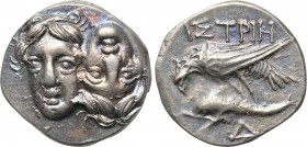 MOESIA. Istros. Drachm (4th century BC). 

Obv: Facing male heads, the right inverted.
Rev: ΙΣΤΡΙΗ. 
Sea eagle left, grasping dolphin with talons;...
