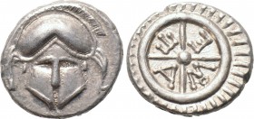 THRACE. Mesambria. Diobol (Circa 4th century BC). 

Obv: Facing Corinthian helmet.
Rev: META. 
Four-spoked wheel; annulet below M.

SNG BM Black...