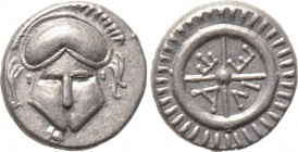 THRACE. Mesambria. Diobol (Circa 4th century BC). 

Obv: Facing Corinthian helmet.
Rev: META. 
Four-spoked wheel.

SNG BM Black Sea 268-71. 

...
