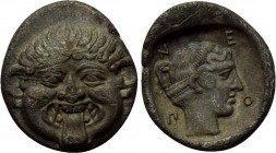 MACEDON. Neapolis. Hemidrachm (Late 5th-early 4th centuries BC). 

Obv: Facing gorgoneion.
Rev: NEOΠ. 
Head of nymph right within incuse square.
...