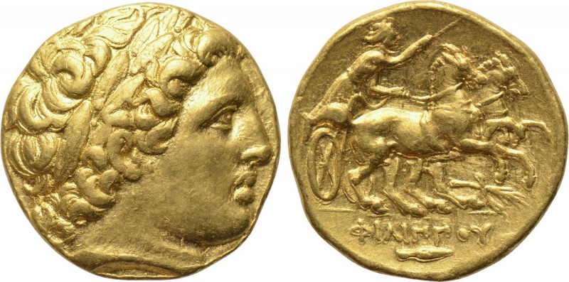 KINGS OF MACEDON. Philip II (359-336 BC). GOLD Stater. Teos. 

Obv: Laureate h...