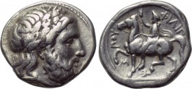 KINGS OF MACEDON. Philip II (359-336 BC). Tetradrachm. Amphipolis. 

Obv: Laureate head of Zeus right.
Rev: Youth riding horse left, wearing petaso...