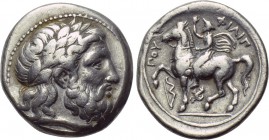 KINGS OF MACEDON. Philip II (359-336 BC). Tetradrachm. Amphipolis. 

Obv: Laureate head of Zeus right.
Rev: ΦΙΛΙΠΠΟΥ. 
Youth riding horse left, we...