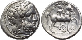 KINGS OF MACEDON. Philip II (359-336 BC). Tetradrachm. Amphipolis.

Obv: Laureate head of Zeus right.
Rev: ΦΙΛΙΠΠΟΥ.
Youth riding horse right, hol...