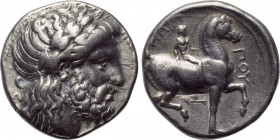 KINGS OF MACEDON. Philip II (359-336 BC). Tetradrachm. Pella. 

Obv: Laureate head of Zeus right.
Rev: ΦΙΛΙΠΠΟΥ. 
Youth riding horse right, holdin...