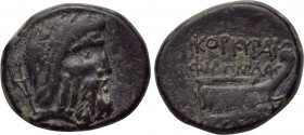 KORKYRA. Korkyra. Roman rule (Circa 229-48 BC). Ae. Philonidas, magistrate. 

Obv: Wreathed head of Poseidon right; trident to left.
Rev: KOPKVPAIΩ...