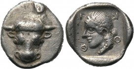PHOKIS. Federal Coinage. Triobol (Circa 445-420 BC). 

Obv: Facing head of bull.
Rev: Φ O K I (partially retrograde). 
Head of Artemis left within...