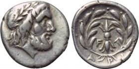 ELIS. Olympia. Hemidrachm (Circa 280-264 BC). 

Obv: Laureate head of Zeus right.
Rev: F - A. 
Thunderbolt within wreath; A P I below.

BCD Olym...