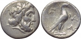 ELIS. Olympia. Hemidrachm (Circa 256-232 BC). 

Obv: Laureate head of Zeus right.
Rev: F - A. 
Eagle standing right on capital; A to right.

BCD...