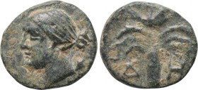 CYCLADES. Delos. Chalkous (Circa 308-167 BC). 

Obv: Head of Artemis left.
Rev: Δ - Η. 
Palm tree; above, swan nesting left.

SNG Copenhagen 672...
