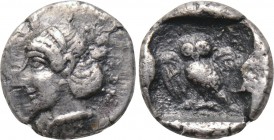 ASIA MINOR. Uncertain. Obol (Circa 4th century BC). 

Obv: Female head left.
Rev: Owl standing left, head facing, with wings spread; all within inc...
