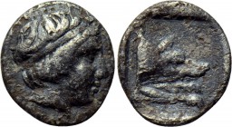 ASIA MINOR. Uncertain. Hemiobol (Circa 4th century BC). 

Obv: Head of Apollo right, wearing tainia.
Rev: Forepart of wolf or hound right within in...