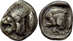MYSIA. Kyzikos. Hemiobol (Circa 450-400 BC). 

Obv: Head of lion left; to right, tunny upward.
Rev: Forepart of boar left; to right, tunny upward; ...