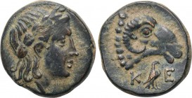 TROAS. Kebren. Ae (Circa 350-310 BC). 

Obv: Laureate head of Apollo right.
Rev: K - E. 
Head of ram right; below, eagle standing right.

SNG Co...