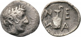 TROAS. Neandria. Hemiobol (4th century BC). 

Obv: Bare male head (Apollo?) right.
Rev: NEAИ. 
Oinochoe.

SNG Ashmolean -; SNG Copenhagen -; SNG...