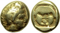 LESBOS. Mytilene. EL Hekte (Circa 454-428/7 BC). 

Obv: Head of Aktaeon right, wearing horn of stag.
Rev: Facing gorgoneion within incuse square.
...