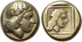 LESBOS. Mytilene. EL Hekte (Circa 412-378 BC). 

Obv: Laureate head of Apollo right.
Rev: Head of female right within linear square; all within inc...