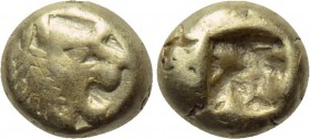 KINGS OF LYDIA. Alyattes (Circa 610-560 BC). EL 1/12 Stater. Sardeis. 

Obv: Head of roaring lion right; star on forehead.
Rev: Square incuse punch...