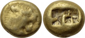 KINGS OF LYDIA. Time of Alyattes to Kroisos (Circa 610-546 BC). EL Trite. 

Obv: Head of roaring lion right; star on forehead.
Rev: Double incuse s...