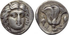 CARIA. Rhodes. Hemidrachm (Circa 340-316 BC). 

Obv: Head of Helios facing slightly right.
Rev: P - O. 
Rose with bud to right. Control: Grape bun...