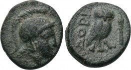 PHRYGIA. Dorylaion? Ae (3rd-2nd centuries BC). 

Obv: Helmeted head of Athena right.
Rev: ΔΟΡΙ. 
Owl standing right, head facing; spearhead to rig...