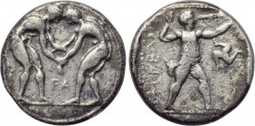 PAMPHYLIA. Aspendos. Stater (Circa 420-370 BC). 

Obv: Two wrestlers grappling. Control: FA between.
Rev: EΣTFEΔIIY. 
Slinger in throwing stance r...
