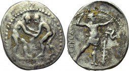 PAMPHYLIA. Aspendos. Stater (Circa 420-370 BC). 

Obv: Two wrestlers grappling. Control: KE between.
Rev: EΣTFEΔIIY. 
Slinger in throwing stance r...