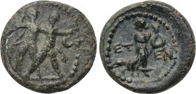 PISIDIA. Etenna. Ae (1st century BC). 

Obv: Two men standing side by side; the left brandishing double-axe, the right sickle.
Rev: ET - EN. 
Nymp...