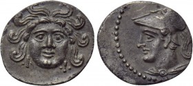 CILICIA. Uncertain. Obol (4th century BC). 

Obv: Facing gorgoneion.
Rev: Helmeted head of Athena left.

SNG France 477; SNG Levante 249. 

Con...