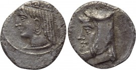 CILICIA. Uncertain. Obol (4th century BC). 

Obv: Turreted and draped bust of Tyche (or Tyche-Aphrodite) left.
Rev: Head of satrap left, wearing ba...