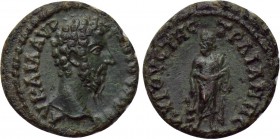 THRACE. Augusta Trajana. Lucius Verus (161-169). Ae. 

Obv: ΑV ΚΑΙ Λ ΑVΡΗΛΙ ΟVΗΡΟС. 
Bare head right.
Rev: ΑVΓΟVСΤΗС ΤΡΑΙΑΝΗС. 
Asclepius standin...