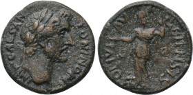 MACEDON. Dium. Antoninus Pius (138-161). Ae. 

Obv: IMP CAES ANTONINO PI. 
Laureate head right.
Rev: COL IVL AVG DIENSIS / D - D. 
Athena standin...