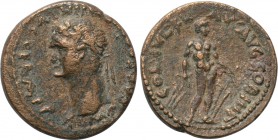 CORINTHIA. Corinth. Domitian (81-96). Ae. 

Obv: IMP CAES DOMITIAN AVG GERM P P. 
Laureate head left.
Rev: COL IVL FL AV AVG CORITH. 
Isthmus sta...