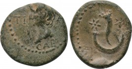 ASIA MINOR. Uncertain. Tiberius (14-37). Ae. 

Obv: TI - A[...] / CAE. 
Bare head left.
Rev: Cornucopia between two stars; all within crescent.
...