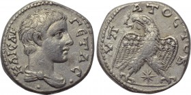 SYRIA. Seleucis and Pieria. Laodicea ad Mare. Geta (Caesar, 198-209). Tetradrachm. 

Obv: KAICAP ΓЄTAC. 
Bareheaded and draped bust right.
Rev: VΠ...