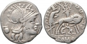 SEX. POMPEIUS FOSTLUS. Denarius (137). Rome. 

Obv: Helmeted head of Roma right; capis to left, X (mark of value) to lower right .
Rev: SEX PO FOST...