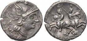C. SERVILIUS M. F. Denarius (136 BC). Rome. 

Obv: ROMA. 
Helmeted head of Roma right; to left, wreath above mark of value.
Rev: C SERVEILLI M. 
...