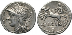 C. COILIUS CALDUS. Denarius (104 BC). Rome. 

Obv: Helmeted head of Roma left.
Rev: CALD. 
Victory driving biga left, holding reins; G in exergue....