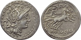 M. LUCILIUS RUFUS. Denarius. (101 BC). Rome. 

Obv: PV. 
Helmeted head of Roma right.
Rev: RVF / M LVCILI. 
Victory driving biga right, holding r...